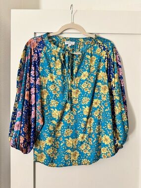 Current Air Teal Floral Peasant Blouse with Puff Sleeves Size S